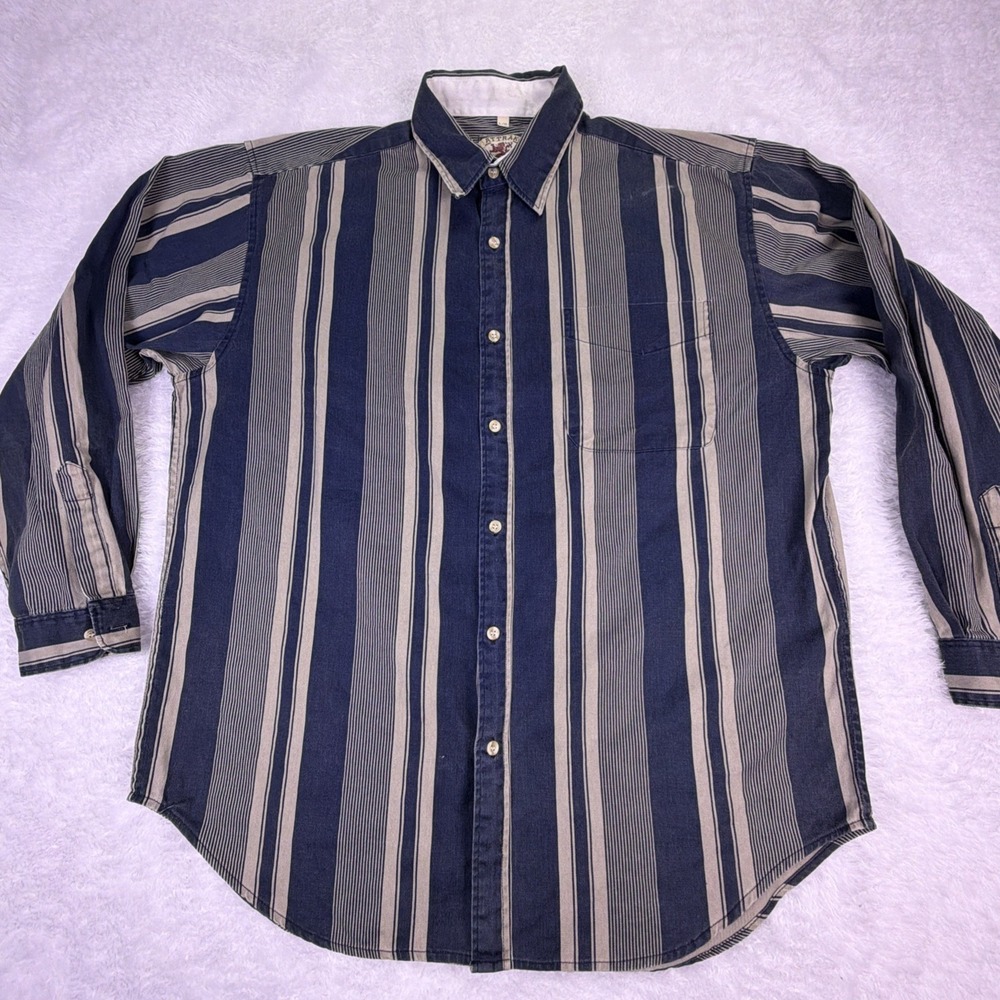 VTG 90s Attrak 100% Cotton Long Sleeve ButtonUp Mens Large Blue/Gray Stripes
